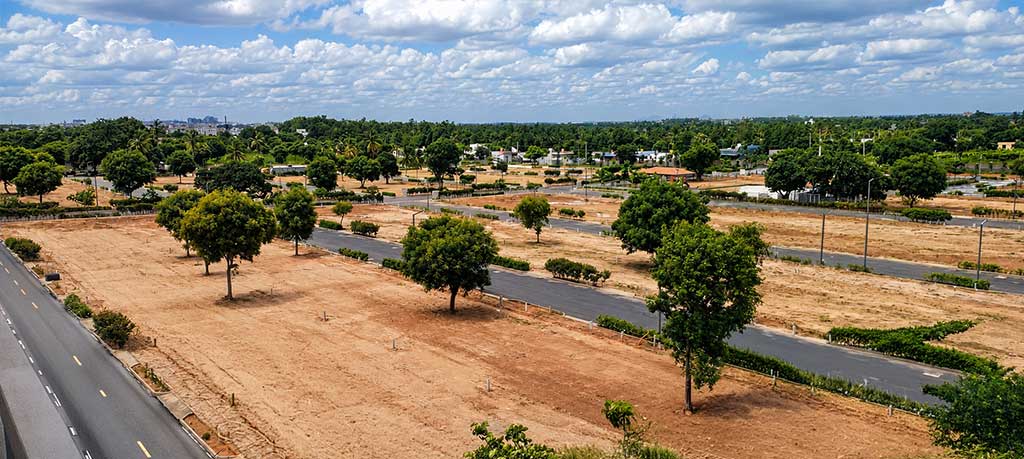 Aerial view of roads, trees and plots at Renaissance Marigold Meadows